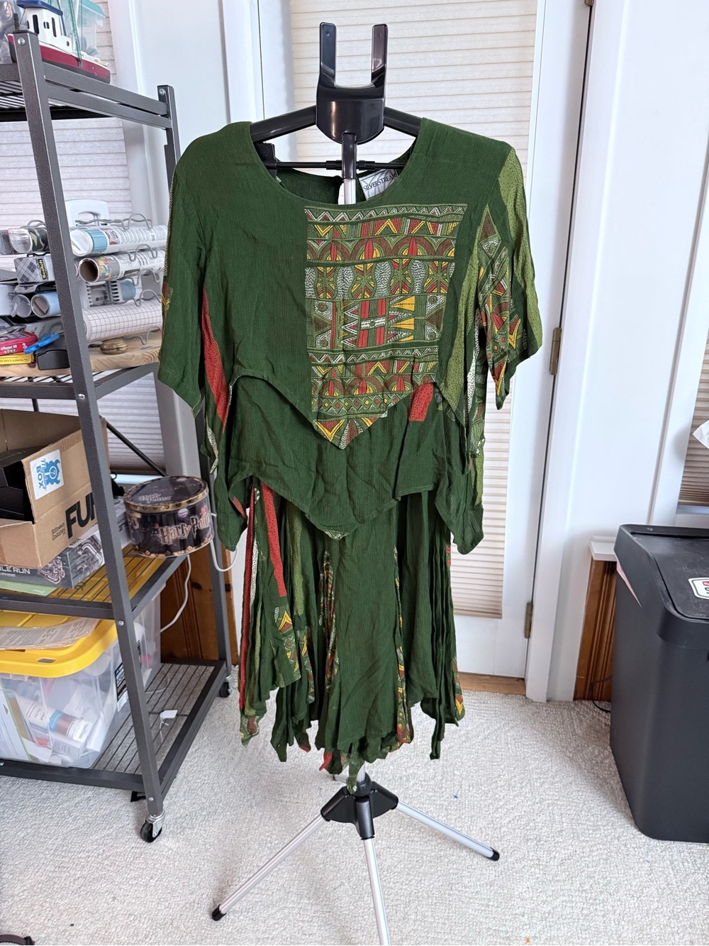 Boho Green Layered Tunic & skirt set Tribal Print Silver Stream Indonesia size L